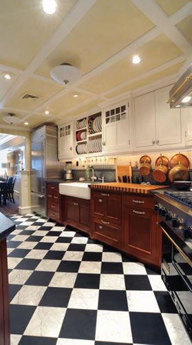 black and white tile - kitchen or bath, or both! Black And White Diagonal Tile, Black And White Checkered Floor Kitchen Wood Cabinets, Black And White Tile Kitchen Floor Vintage, Checkered Floor Kitchen Retro, Black And White Checkered Floor Kitchen, Kitchen Checkered Floor, Black And White Kitchen Tiles, Black And White Tile Kitchen, Black And White Kitchen Floor