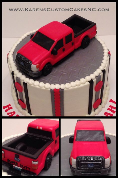 Ford pickup truck cake topper made from rice cereal treats and fondant (back end contains foam core). Sits atop a 9" cake. Fondant Truck, Car Cakes For Men, Truck Cake Topper, Groom Cakes, Truck Birthday Cakes, Cars Birthday Cake, Cake Ball, Truck Cake, Truck Cakes