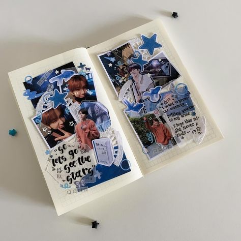 kpop journal • Instagram Kpop Scrapbook Ideas, Kpop Journal Aesthetic, Kpop Journal Ideas, Sanrio Boys, White Journal, Pc Ideas, Blue Scrapbook, Anime Journal, Kpop Journal