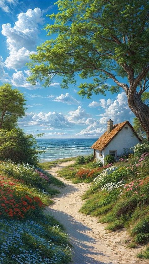 Ocean Landscape Painting, Beautiful Landscape Paintings, Beautiful Landscape Photography, Landscape Paintings Acrylic, Cottage Art, Landscape Art Painting, Art Gallery Wallpaper, Beautiful Locations Nature, Nature Art Painting