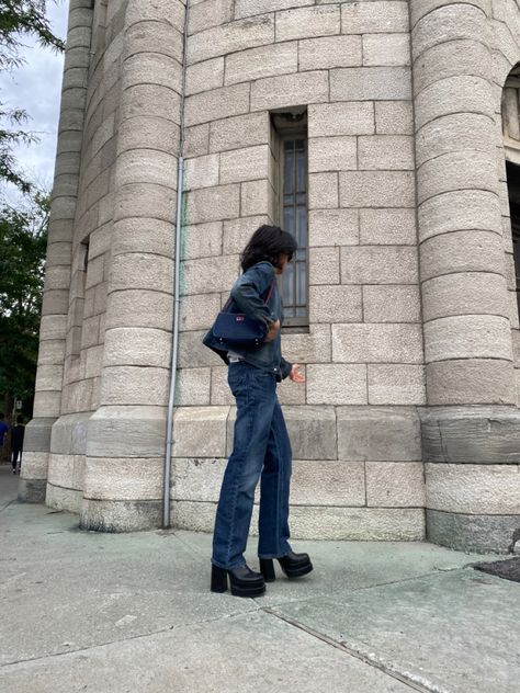 cool boy wearing an all denim outfit with platform boots in front of a vintage building Platform Boots With Pants, Platform Boots And Jeans Outfit, Baggy Jeans With Platform Boots, Black Platform Heel Boots Outfit, Platform Boots Jeans Outfit, Black Platform Boot Outfit, Chunky Boot Outfit Ideas, Denim Platform Boots, Y2k Outfits With Boots