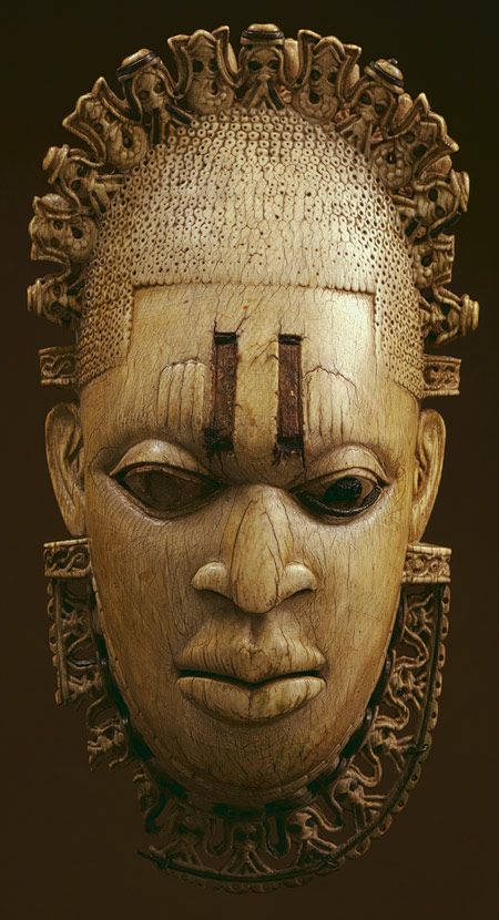 Queen Mother Pendant Mask: Iyoba, 16th century
Nigeria; Edo peoples, court of Benin
Ivory, iron, copper (?) Wooden Mask, Contemporary African Art, Afrikaanse Kunst, African Sculptures, Art Premier, African Mask, Africa Art, Masks Art, African Masks