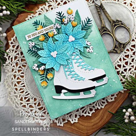 Spellbinders Skating Into the Holidays Die Cut Card - Sandi MacIver - Card making and paper crafting made easy Spellbinders Christmas Cards 2024, Embossing Projects, Xmas Card Craft, Spellbinders Christmas Cards, Stash Ideas, Die Cut Christmas Cards, Spellbinders Dies, Christmas Ice Skates, Die Cut Card