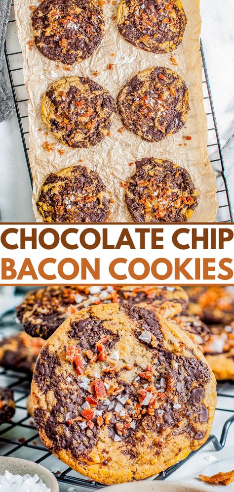 Bacon Chocolate Chip Cookies - These decadent and indulgent chocolate chip cookies are the perfect balance of savory, salty and sweet in every delectable chewy bite! With crispy bacon, butterscotch chips, tons of melted chocolate, and flaky sea salt, they're a flavor explosion for those bold enough to give them a try! Cookies With Bacon, Chocolate Chip Bacon Cookies, Bacon Fat Chocolate Chip Cookies, Bacon Grease Chocolate Chip Cookies, Peanutbutter Choco Chip Cookies, Bacon Chocolate Chip Cookies, Bacon Cookies, Chocolate Bacon, Best Oatmeal