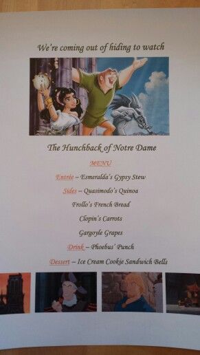 Disney Dinner Nights - The Hunchback of Notre Dame Hunchback Of Notre Dame Movie Night, Disney Movie Themed Dinner, Disney Nights, Movie Meals, Family Movie Night Themes, Disney Movie Night Menu, Movie Recipes, Theme Dinners, Disney Themed Movie Night