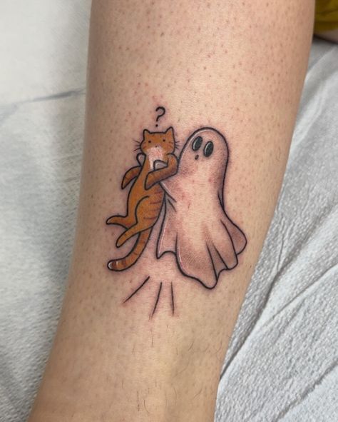 Boo-tiful work @kristylynneart!  A playful ghost kitty and a ghost and kitty tandem! Love it! 🐱👻⁠ Ghost Kitty Tattoo, Ghost And Cat Tattoo, Ghost Holding Cat Tattoo, Ghost Girl Tattoo, Cat Ghost Tattoo, Ghost Dog Tattoo, Halloween Cat Tattoo, Ghost Cat Tattoo, Orange Cat Tattoo