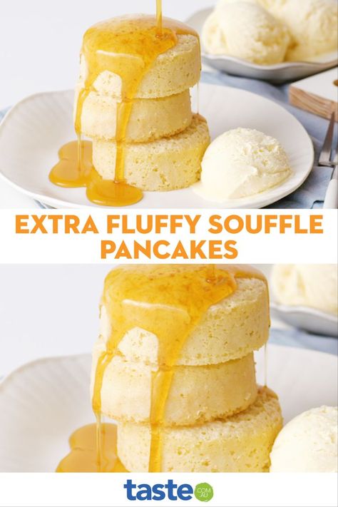 Japanese Souffle Pancake Recipe, Ice Cream Syrup, Egg White Recipes, Japanese Pancake, Souffle Pancakes, Crepe Recipes, Pancake Batter, Egg White, Pancake Recipe