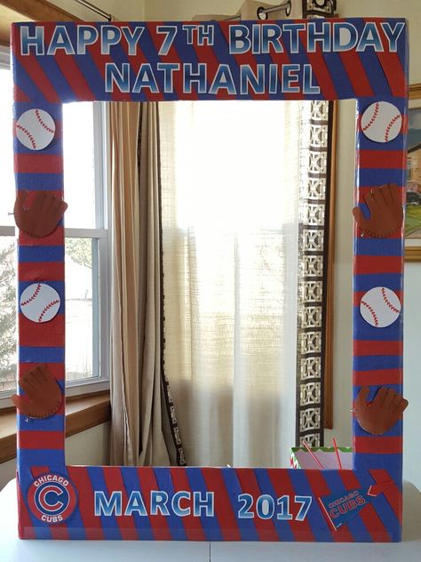 Cubs party picture frame. I also made props for the kids to take pictures with.  (Crazy looking glasses, mustaches, hats, baseball/bat) the kids loved playing with the props and the pictures looked super cute. Materials needed: large cardboard, tissue, cut out clipart of your choice, tape/glue. Any questions please let me know. Chicago Cubs Birthday, Vintage Carnival Theme, Picture Frames For Parties, Baseball Decorations, Party Design Poster, Beer Decorations, Happy 7th Birthday, Birthday Bbq, Baseball Birthday Party