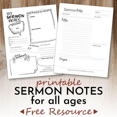 Free Printable Sermon Notes for all ages | ComResources.com Kids Sermon Notes Free Printable, Sermon Notes Template Free Printable, Sermon Notes Journals, Sermon Notes Template, Sermon Notes For Kids, Free Sermons, Church Notes, Bible Study Materials, Bible Study Worksheet