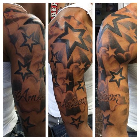 Cloud & stars Freehanded Half sleeve on a walk in based on his reference material. Star Sleeve Tattoo, Cloud Tattoo Sleeve, Star Tattoos For Men, Tattoo Bras Homme, Tattoo Sites, Men Tattoos Arm Sleeve, Star Tattoo Designs, Cool Chest Tattoos, Cool Forearm Tattoos