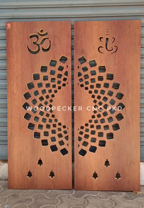 Mdf Jali Design For Mandir Door, Mandir Door Jali Design, Mandir Jali Door Design, Cnc Design Pattern Modern Door, Pooja Room Door Cnc Design, Om Jaali Design, Cnc Pooja Door Design Modern, Mandir Cnc Design, Mandir Door Cnc Design