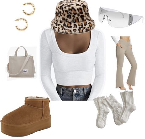 Cheetah print bucket hat platfrom uggs gold hoops tote bag cute socks plain white longsleeve tan flare leggings clear vintage sunglasses from amazon Cheetah Bucket Hat Outfit, Cheetah Bucket Hat, Cheetah Hat, Socks Plain, Outfit From Amazon, Casual Comfy Outfit, Bucket Hat Outfit, Fashion Island, Island Fashion