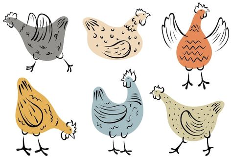 Set of hand-drawn hen. chicken illustrat... | Premium Vector #Freepik #vector #chicken-illustration #cute-chicken #cute-illustration #doodle-illustration Domestic Birds, Chicken Vector, Chicken Images, Chicken Illustration, Illustration Colorful, Owl Vector, Pig Illustration, Up Animation, Cartoon Chicken