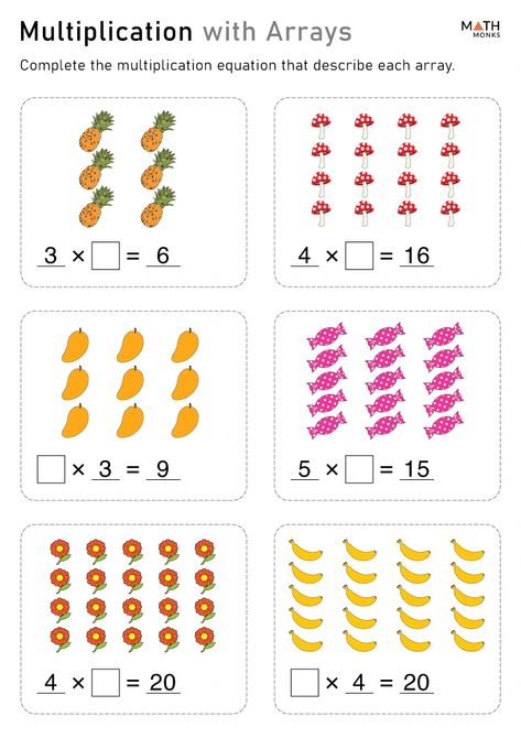 Multiplication Arrays Worksheets - Math Monks Multiplication Quiz, Fraction Multiplication, Array Worksheets, Multiplication Arrays, Math Multiplication Worksheets, Fractions Multiplication, Multiplication Activities, Math Quotes, Maths Games