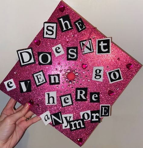 Heathers Graduation Cap, Girly Grad Caps, Fnaf Graduation Cap, Grad Cap Inspo 2024, Graduation Cap Pink, Graduation Cap Stickers, Girly Graduation Cap, Unique Graduation Cap Designs, Grad Cap Ideas