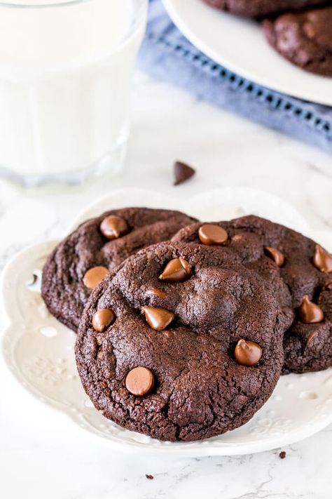 Double chocolate chip cookies are extra soft and oozing with chocolate chips. These cookies are thick, chewy, gooey and taste somewhere in between a brownie and a cookie. #doublechocolate #chocolatechip #cookies #easy #gooey #soft #chewy #doublechocolatechipcookies #fromscratch Best Chocolate Cookie Recipe, Fudgy Cookies, Soft Batch, Homemade Cookie, Double Chocolate Chip Cookies, Double Chocolate Cookies, Chocolate Peanut Butter Cookies, Cocoa Chocolate, Chocolate Cookie Recipes