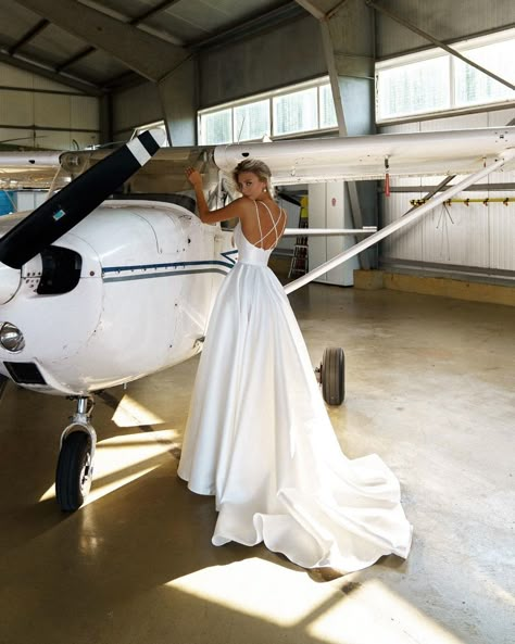 Pilot Wedding, Airport Wedding, Hangar Wedding, Airplane Wedding, Wedding Dress With Open Back, Aviation Wedding, Spaghetti Strap Wedding Dress, Female Pilot, Wedding Dresses With Straps