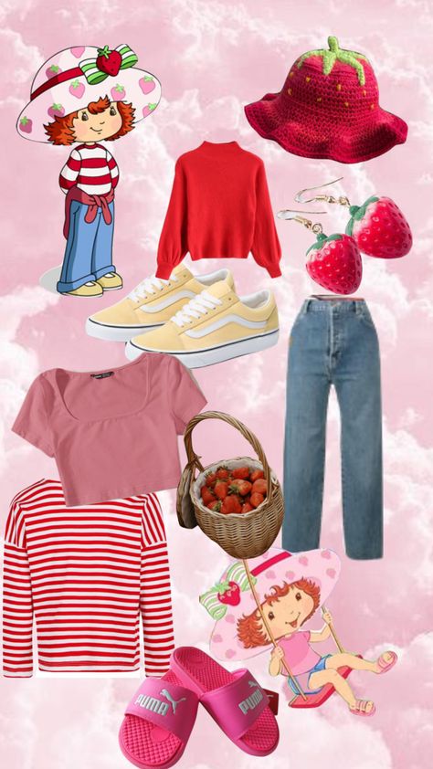 Strawberry shortcake Halloween idea Strawberry Shortcake Dress Up Days, How To Dress Like Strawberry Shortcake, Strawberry Shortcake 2003 Costume, Strawberry Shortcake Dress Up, Easy Strawberry Shortcake Costume, Starberry Shortcake Halloween Costume, Diy Strawberry Shortcake Costume Women, Strawberry Shortcake Outfit Ideas, Strawberry Shortcake Outfits Halloween