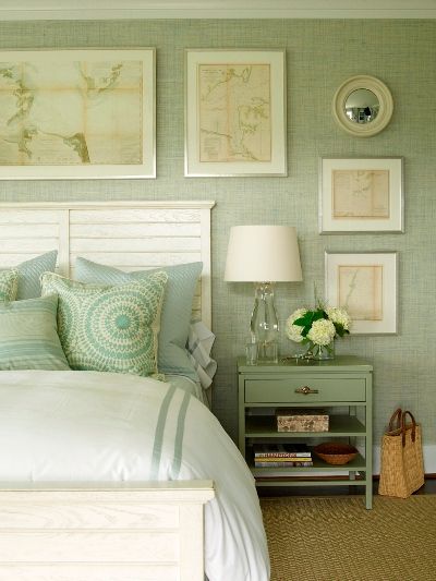 House of Turquoise: Coastal Living's Ultimate Beach House - Part 2 Green And White Bedroom, Green Bedroom Design, Green House Design, Sage Green Bedroom, House Of Turquoise, White Bed, Dekorasi Kamar Tidur, Green Bedroom, Green Walls