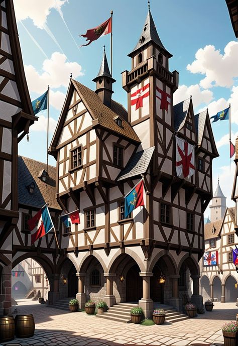 A medieval town hall with flags. High fantasy by Alfons Mallol Garcia - Playground Fantasy Town Hall, European Buildings, Fantasy Village, Fantasy Town, Medieval Town, High Fantasy, Town Hall, Image Generator, Social Media Posts