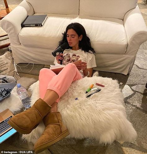 Downtime: The star also shared some relaxed snaps to Instagram on Monday as she kicked back ahead of releasing her latest record Malibu Barbie, Pilates Princess, Dua Lipa, Me Time, Just A Girl, It Girl, Photo Dump, Birmingham, Girly Things