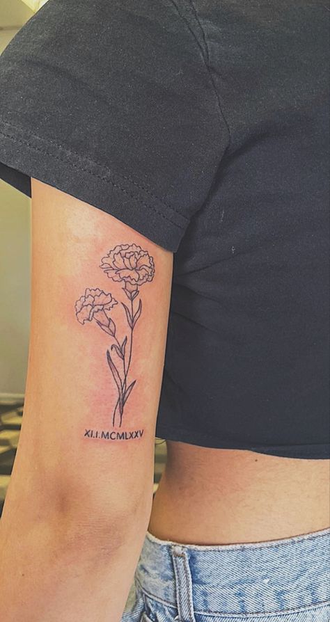 Carnation Flower Tattoo, Marigold Tattoo, Carnation Tattoo, Simple Arm Tattoos, Ear Tattoo Ideas, Birthday Tattoo, Bouquet Tattoo, Ear Tattoos, Petite Tattoos