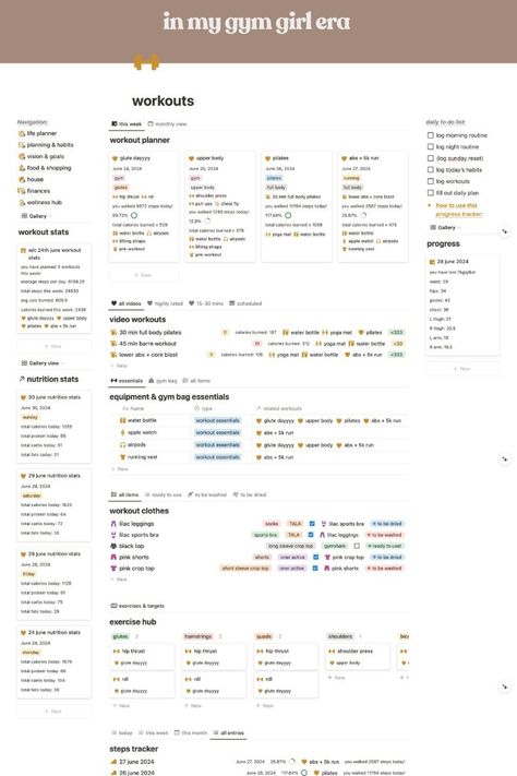 super cute gym/pilates girl era workout planner in notion! Workout Planner Aesthetic, Notion Fitness Tracker, Gym Notion, Workout Log Template, Gym Journal, Workout Planner Template, Time Organization, Gym Girlie, Monthly Workout Plan