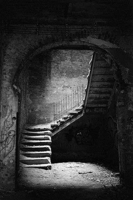 This looks like a basement that Clegg would have kept Miranda in. It is very gloomy and scary and explains why Miranda wanted to escape. Abandoned Hospital, رعب نفسي, Stairway To Heaven, Haunted Places, Dark Places, Abandoned Buildings, Chiaroscuro, Black White Photos, Abandoned Places