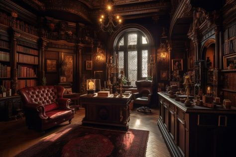 Victorian Mansion Library, Dark Academia School Interior, Dark Office Aesthetic Vintage, Victorian Office Room, Historical Office Interior, Fantasy Study Room Art, Dark Academia Study Space, Dark Academia Interior Design Office, Dark Victorian Office