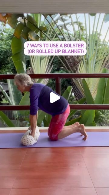 Dr. Kaye Cleave| Proaging Blogger & Fun Seeker on Instagram: "🤸‍♂️Bolsters are a common prop in yoga, particularly restorative yoga, giving you support and comfort and making a variety of poses accessible. However, if you don’t have a bolster, thick rolled-up blankets or pillows do just as well. Here are 7 of my favorite restorative poses🙌🏽: 💛Seated Forward Fold: Place the bolster on your legs and relax your upper body forward. Add pillows or more blankets for extra height and a rolled blanket can be place under your knees for comfort. 🩵Supported Backbend: Place the bolster under your shoulders and interlace your hands behind your head to support your neck as you lean back. 💜Legs Up The Wall: Place the bolster under your sacrum and hold your legs up, relaxing your arms by your side. Bolster Stretches, Restorative Yoga No Props, How To Use Yoga Bolster, Restorative Yoga Poses Bolster, Yoga With Bolster, Yin Yoga Bolster, Legs Up The Wall, Forward Fold, Yoga Pillow