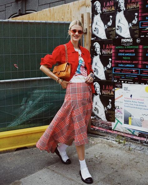 Ganni street style | Marianne Theodorsen | Charron Wrap Skirt Ganni Street Style, City Fashion Photography, Printed Skirt Outfit, Long Leather Skirt, Midi Wrap Skirt, Quirky Fashion, Red Gingham, Skirt Outfit, Big Fashion