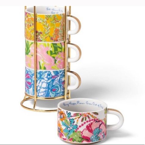 Set Includes 4 Porcelain Stacking Mugs - Each In A Lilly Pulitzer Print. Gold Tone Trim On Each Rounded Handle. 8.8 Ounce Capacity Each. Stacking Stand Included. Dishwasher Safe. Never Used. No Chips Or Cracks. Smoke Free Home. Sa98840 Espresso Mugs, Target Setting, Cappuccino Mugs, Fan Dance, Lilly Pulitzer Target, Retro Sweatshirts, Coffee Mug Sets, Gold Handles, Coffee And Tea Accessories