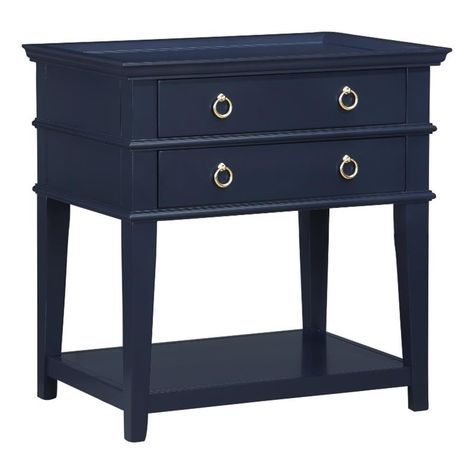 PRICES MAY VARY. Midnight Blue Hardwood solids and MDF Brushed Gold Ring Pulls Features decorate tray top design and wrap around moldings Drawers feature full extension metal roller bearing side glides With its two drawers and open shelf, the Clara White 2-Drawer Tray Top Nightstand offers an elegant blending of hidden and open bedside storage. The drawers feature beautiful brushed gold ring pull hardware. The unique tray style top keeps items from falling off the top. Elegantly tapered legs add Blue Bedside Tables, Blue Nightstands, New Classic Furniture, Tray Styling, Bedside Storage, Table Color, Nightstand Storage, 2 Drawer Nightstand, Entryway Table