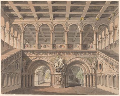 Karl Friedrich Schinkel | Stairhall, from King Yngord, Act I | Drawings Online | The Morgan Library & Museum Karl Friedrich Schinkel, Ancient Library, Victorian House Plans, Arch Decor, Gothic Buildings, Russian Architecture, City Planner, Roman Architecture, European Architecture