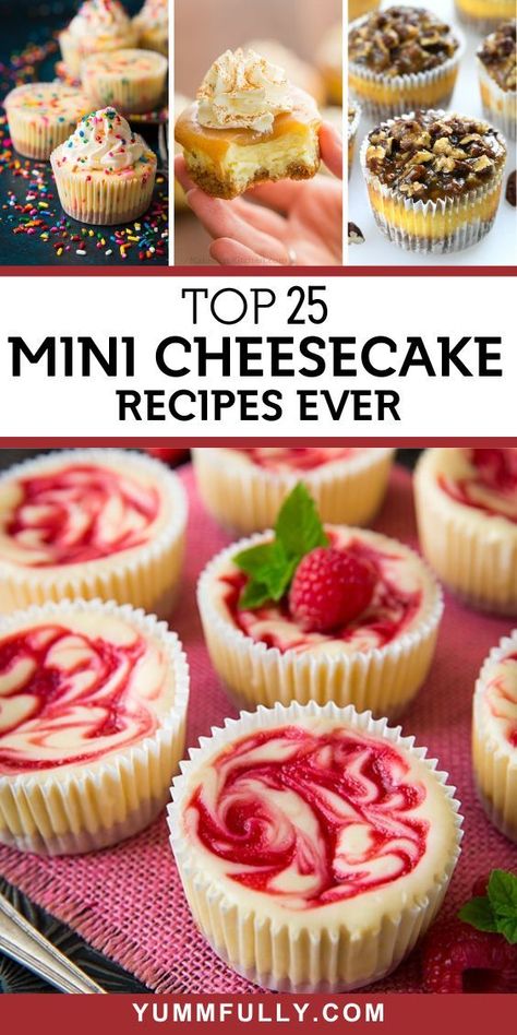 If you’re cooking for a crowd or it’s your turn to bring sweet treats to a party, any of these Mini Cheesecake recipes will win the prize at the dessert table! From fruit-flavored creamy delights to chocolate delicacies, be sure to save one for yourself, because they will definitely disappear before your very eyes! Toppings For Mini Cheesecakes, Easy Sweet Treats For Party, Muffin Tin Cheesecake Recipes, Mini Cheesecake Flavors, Housewarming Desserts, Mini Cheese Cakes Muffin Tins, Cheesecake Muffin Tin, Desserts To Bring To A Party, Cheesecake For A Crowd