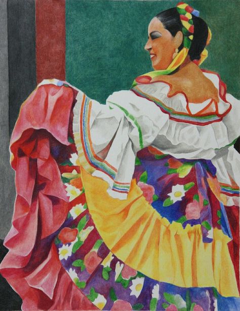 Mexican Dancer Drawing, Mexican Dancers Art, Cook Art, Dancer Drawing, Mexican Paintings, Ballet Folklorico, Dancer Painting, Mexican Culture Art, Frida Kahlo Art