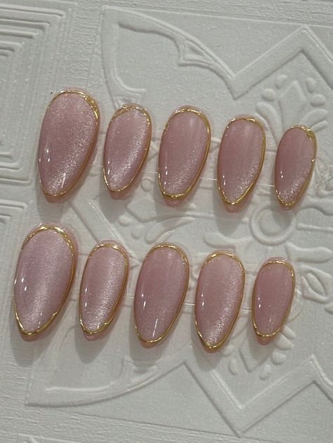 10pcs Handmade Almond-Shaped Fake Nails With Pink Cat Eye & Shiny Gold Mirrored Powder, Fashionable And Upscale Purple     Animal,Colorblock,Geometric,Plain,Plants Handmade Nails   Nail,Hand & Foot Care, size features are:Bust: ,Length: ,Sleeve Length: Nail Design Ideas Almond Shape, Cute Cat Eye Nails, Pink And Gold Almond Nails, Nail Press On, Cat Eye Nails With Design, Almond Nails Colors, Almond Nails Cat Eye, Cute Nails Almond Shape, Nails Cat Eye Design