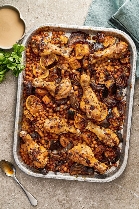 Nadiya Hussain’s Chickpea and Chicken Traybake Nadiya Hussain Recipes, Cook Once Eat Twice, Chicken Traybake, Nadiya Hussain, Curry Pasta, Chicken Chickpea, Salad Cake, Chocolate Dishes, Tray Bake Recipes