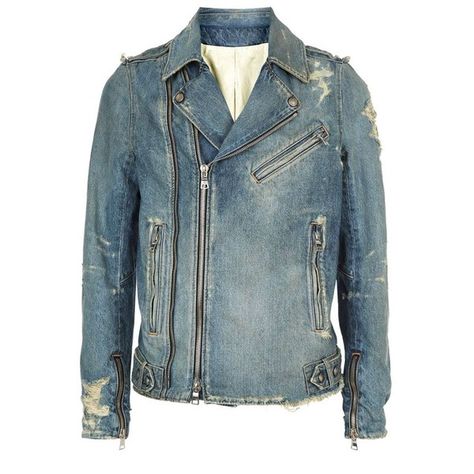 Balmain Distressed Denim Biker Jacket (€1.765) ❤ liked on Polyvore featuring men's fashion, men's clothing, men's outerwear, men's jackets, mens distressed denim jacket and balmain mens jacket Denim Blazers, Biker Denim Jacket, Denim Biker Jacket, Jaket Denim, Revival Clothing, Biker Denim, Balmain Men, Jean Jacket Men, Camisa Jeans