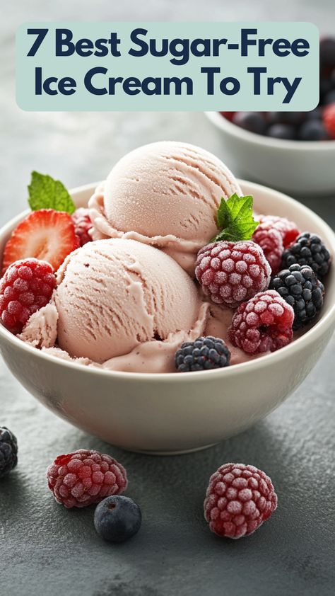 A bowl of creamy, sugar-free ice cream topped with fresh berries, showcasing a delicious, healthy dessert option. Ice Cream For Diabetics, Sugar Free Ice Cream Recipes, Enlightened Ice Cream, Protein Ice Cream Recipes, Sugar Free Ice Cream, Creami Recipes, Almond Crunch, Dessert Items, Low Carb Ice Cream