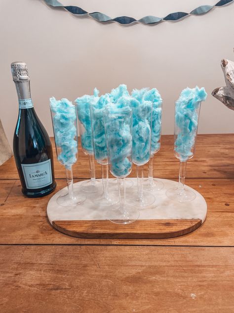 Something Blue Bachelorette Party, Something Blue Bachelorette, Abba Style, Mamma Mia Bachelorette Party, Blue Bachelorette Party, Blue Bachelorette, Cotton Candy Champagne, Blue Cotton Candy, Bridal Shower Inspo