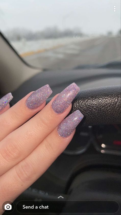 Acrylic Nails Shimmer Glitter, Acrylic Nails Solid Color With Glitter, Solid Color Sparkly Nails, Shimmer Purple Nails, Pastel Purple Glitter Nails, Lavender Nails Sparkle, Shimmery Acrylic Nails, Purple Sparkle Acrylic Nails, Sparkly Lilac Nails