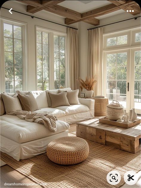 Cream And Wood Interior Design, Light Airy Earthy Living Room, Light Wood Ceiling Living Room, White And Cream Decor Interiors, White Wood Walls Living Room, Wall With 3 Windows, Light Color House Interiors, Mixing Wood Colors In Living Room, White And Light Wood Living Room