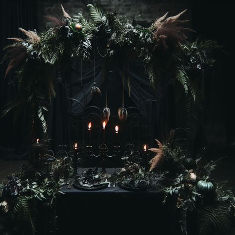 Dark Fairy Tail Wedding, Black And Green Wedding Ideas, Dark Fairytale Wedding Invitations, Dark Forest Wedding Decor, Green Goth Wedding, Masquerade Aesthetic Dark, Black And Terracotta Wedding, Dark Garden Party, Forest Green And Black Wedding