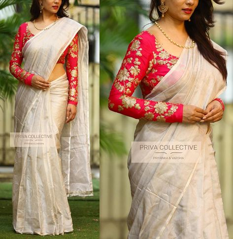 30+ Beautiful Saree Blouse Sleeve Designs to Try This Year • Keep Me Stylish Sleeve Blouse Designs, Full Sleeves Blouse Designs, Kerala Saree Blouse, Kerala Saree Blouse Designs, Cotton Blouse Design, South Silk Sarees, Kerala Saree, Collection Ideas, Sari Blouse Designs