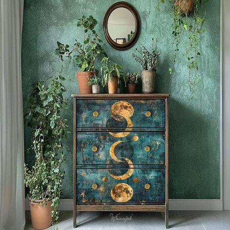 21x29" Large Decoupage Tissue Paper,  Moonlit Harmony Decoupage Paper Whimsykel Designs, 18lb paper, for DIY furniture, canvas art, FAST SHIPPING Size: 29" long, 21" wide 18lb / high quality print  1 Sheet "Moonlit Harmony" is a captivating painting that depicts the serene and mystical journey of the moon through some of its phases. Reflecting the balance and harmony found in the cycles of nature. This design evokes a sense of calm and connection to the celestial rhythms that guide our world. De Celestial Painting, Witchy Diy, Whimsical Witch, Whimsical Bedroom, Decoupage Papers, Paint Couture, Decoupage Tissue Paper, Furniture Rehab, Furniture Paint