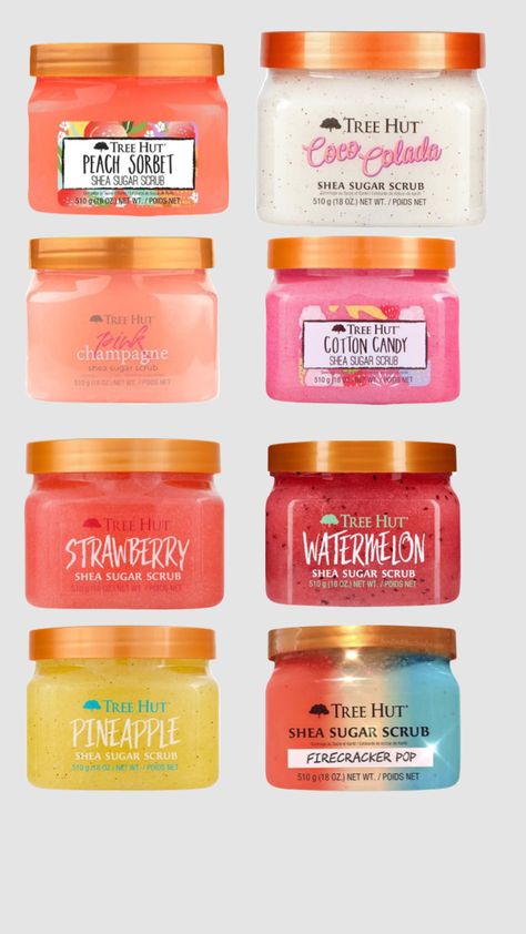 Tree hut scrubs! 💕 Tea Tree Scrub, Watermelon Tree, Body Scents, Wishlist Board, Shower Care, Cotton Candy Champagne, Strawberry Tree, Peach Sorbet, Backpack Essentials