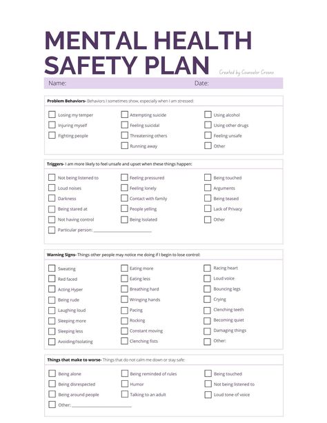 Printable detailed mental health safety plan. Identifying behaviors, triggers, warning signs, interventions, and crisis plan. Crisis Safety Plan, Clinical Counseling, Social Work Interventions, Crisis Plan, Safety Planning, Relaxation Ideas, Safety Plan, Life Coach Business, Social Emotional Activities