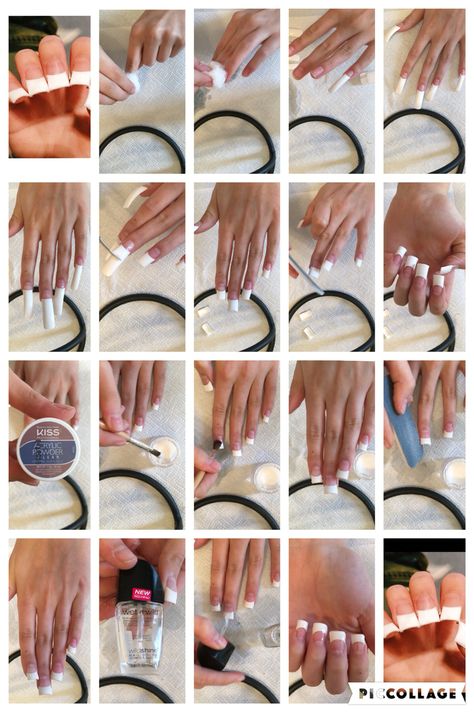 Step by step to how to do your own acrylics  French tip nails  Disclaimer: I did not get this from the Internet!  nails by its._.c At Home Acrylics, How To Do Acrylic Nails Step By Step, Do Nails At Home, Ophelia Lovibond, Do Acrylic Nails, Nails Step By Step, Nail Room Ideas, Acrylic French, Opal Nails