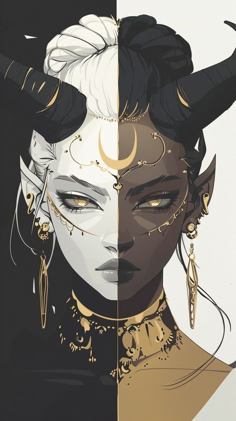 Black Mage Art, Demon Eyes Drawing, Horned Woman, Demon Inspiration, Tiefling Horns, Female Priest, Tiefling Cleric, Woman With Horns, Tiefling Paladin